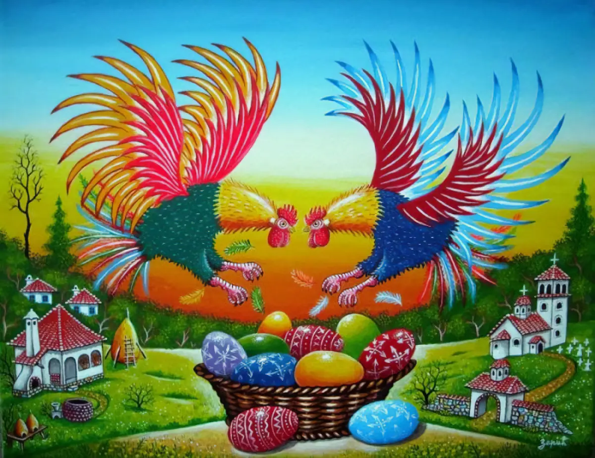 “Roosters Fight” Painting by Zoran Zarich Credit by Serbiana Art